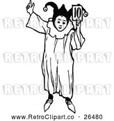 Vector Clip Art of a Retro Jester Boy Holding Number 10 Card - Black and White by Prawny Vintage