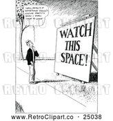 Vector Clip Art of a Retro Man Looking at Big Sign: Watch This Space! - Black and White by Prawny Vintage