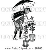 Vector Clip Art of a Retro Man with Umbrella Watering Plants by Prawny Vintage