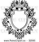 Vector Clip Art of a Retro Ornate Vintage Floral Frame with a Crown in Black Lineart by AtStockIllustration