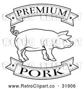 Vector Clip Art of a Retro 'Premium Pork' Banners Around a Pig in Black Lineart by AtStockIllustration