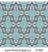 Vector Clip Art of a Seamless Retro Background Pattern of Butterflies Forming Circles over Blue by AtStockIllustration
