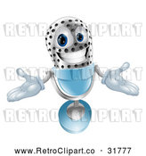 Vector Clip Art of a Welcoming Retro 3d Silver and Blue Microphone Mascot by AtStockIllustration