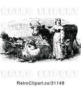 Vector Clip Art of Lady with Milking Cows by Prawny Vintage