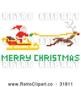 Vector Clip Art of Pixelated Retro Santa Claus Flying Sleigh with Merry Christmas Reindeer by AtStockIllustration