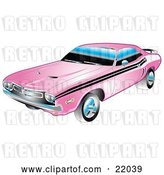 Vector Clip Art of Retro 1971 Dodge Challenger Muscle Car in Pink with Black Racing Stripes on the Sides by Andy Nortnik