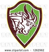Vector Clip Art of Retro Aggressive Mountain Goat Ram in a Yellow Brown White and Green Shield by Patrimonio