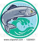 Vector Clip Art of Retro Aggressive Sardine Fish Jumping over Waves in a Circle by Patrimonio