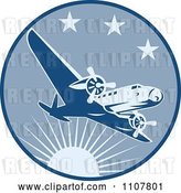Vector Clip Art of Retro Airplane Flying in a Blue Circle with Sun and Stars by Patrimonio