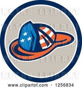 Vector Clip Art of Retro American Flag Patterned Firefighter Hat in a Blue White and Tan Circle by Patrimonio