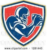 Vector Clip Art of Retro American Football Player Holding a Ball in a Yellow Blue White and Red Shield by Patrimonio