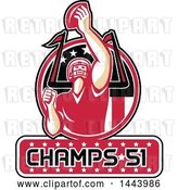 Vector Clip Art of Retro American Football Player Holding up a Ball with Champs 51 for Super Bowl LI in a Red Circle by Patrimonio