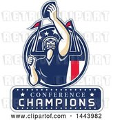 Vector Clip Art of Retro American Football Player Holding up a Ball with Conference Champions for Super Bowl LI in a Red White and Blue Circle by Patrimonio