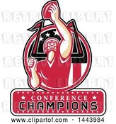 Vector Clip Art of Retro American Football Player Holding up a Ball with Conference Champions Text for Super Bowl LI in a Red Circle by Patrimonio