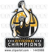 Vector Clip Art of Retro American Football Player Holding up a Ball with Divisional Champions Text for Super Bowl LI in a Black Yellow and White Circle by Patrimonio