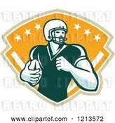 Vector Clip Art of Retro American Football Player Runningback with a Ball over a Shield of Rays and Stars by Patrimonio