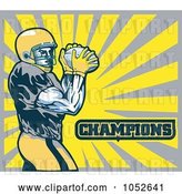 Vector Clip Art of Retro American Football Player with Champions Text Against Yellow and Gray Rays by Patrimonio