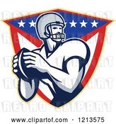 Vector Clip Art of Retro American Football Quarterback Throwing a Ball over a Shield with Stars and Stripes by Patrimonio