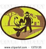 Vector Clip Art of Retro Amish Farmer Guy Pushing a Wheelbarrow with a Crowing Rooster on a Farm Within an Oval by Patrimonio