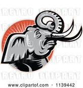 Vector Clip Art of Retro Angry Elephant over a Circle with Rays by Patrimonio