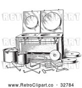 Vector Clip Art of Retro Antique Fireless Cooker and Stones in Black and White by Picsburg