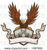 Vector Clip Art of Retro Bald Eagle Flying with a Shield of Crossed 1911 Pistols and a Blank Ribbon Banner by Patrimonio
