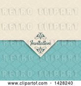 Vector Clip Art of Retro Beige and Turquoise Damask Patterned Invitation Design with Text by KJ Pargeter