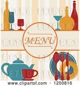 Vector Clip Art of Retro Beverage Menu with Bottles Glasses and Silveware on Stripes by Vector Tradition SM