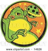 Vector Clip Art of Retro Big Fat Green Alien with a Yellow Belly and Yellow Suction Fingers, Licking His Lips by Andy Nortnik