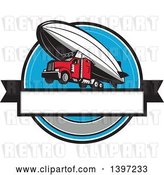 Vector Clip Art of Retro Big Rig Truck Flying, Attached to a Zeppelin Blimp by Patrimonio