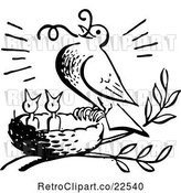 Vector Clip Art of Retro Bird Feeding Chicks a Worm by BestVector