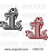 Vector Clip Art of Retro Black Red and White Capital Letter I Designs with Flourishes by Vector Tradition SM
