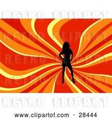 Vector Clip Art of Retro Black Silhouetted Lady Posing over a Wavy Red, Orange and Yellow Background by KJ Pargeter