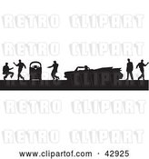 Vector Clip Art of Retro Black Silhouetted Scene of Men Dancing Around a Jukebox and Convertible Cadillac by Dennis Holmes Designs
