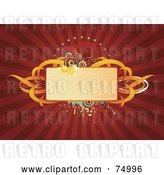 Vector Clip Art of Retro Blank Floral Text Box with Orange Ribbons and Grunge on a Red Burst by