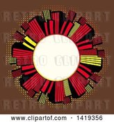 Vector Clip Art of Retro Blank White Round Frame Encircled with Red Black and Yellow Skyscrapers over Brown with Dots by Elaineitalia