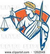 Vector Clip Art of Retro Blindfolded Lady Justice with a Sword and Scale in a Crest Shield by Patrimonio