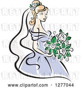 Vector Clip Art of Retro Blond Bride in a Periwinkle Dress, with White Flowers by Vector Tradition SM