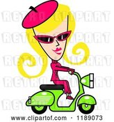 Vector Clip Art of Retro Blond Lady Dressed in Pink, Riding a Green Scooter by Andy Nortnik
