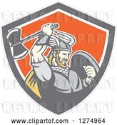 Vector Clip Art of Retro Blond Male Viking Warrior Swinging an Axe in a Gray Taupe White and Orange Shield by Patrimonio