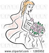 Vector Clip Art of Retro Blond White Bride with a Bouquet of Pink Flowers by Vector Tradition SM