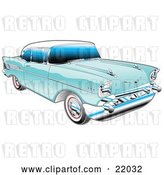 Vector Clip Art of Retro Blue 1957 Chevy Bel Air Car with a White Roof and Chrome Detailing by Andy Nortnik
