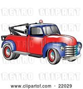 Vector Clip Art of Retro Blue and Red 1953 Chevy Tow Truck with a Light on Top of the Roof by Andy Nortnik