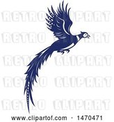 Vector Clip Art of Retro Blue and White Flying Pheasant Bird by Patrimonio