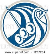 Vector Clip Art of Retro Blue and White Viking Ship in a Taupe and White Circle by Patrimonio