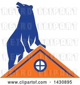 Vector Clip Art of Retro Blue Bear on Top of an Orange House by Patrimonio