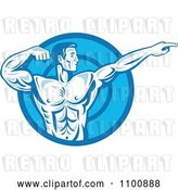Vector Clip Art of Retro Blue Bodybuilder Flexing and Pointing over a Blue Circle by Patrimonio