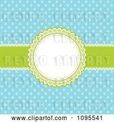 Vector Clip Art of Retro Blue Polka Dot Background with a Green and White Round Frame and Ribbon by KJ Pargeter