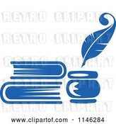 Vector Clip Art of Retro Blue Quill Pen Inkwell and Books by Vector Tradition SM