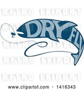 Vector Clip Art of Retro Blue Silhouetted Trout Fish with Dry Fly Text, Catching Bait by Patrimonio